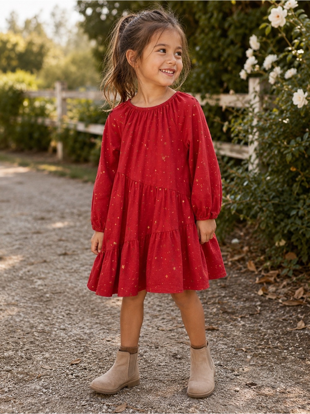 Hanna Andersson Red Tiered Dress with Gold Star Print